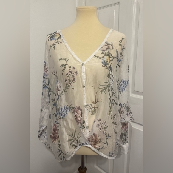 Tempo Paris Tops - Tempo Paris Silk Blend Floral Boho Blouse Ivory Sheer Button Front Twist Hem Lrg
